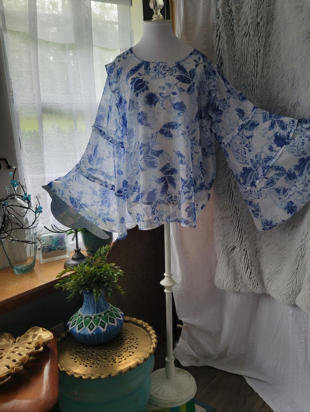 Chiffon Floral Blouse - Blue/White